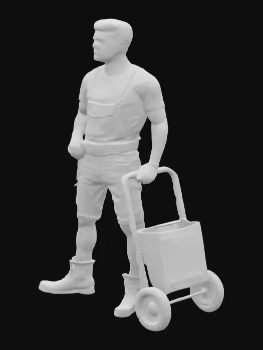 3D model for A realistic hirsute, dark haired male builder character with a robust, muscular physique, depicted in a confident, slightly relaxed posture. He wears durable, well-worn denim dungaree short shorts and sturdy leather boots. His upper body is covered by a fitted, short-sleeved cropped t-shirt that highlights his strong arms. The skin has a healthy, sun-kissed tone. The fabrics appear textured and slightly rumpled, conveying a tactile sense of practical workwear, while his facial features are rugged yet amiable. He is wearing a leather tool belt and pushing a modern hand cart with a large wooden or cardboard box.