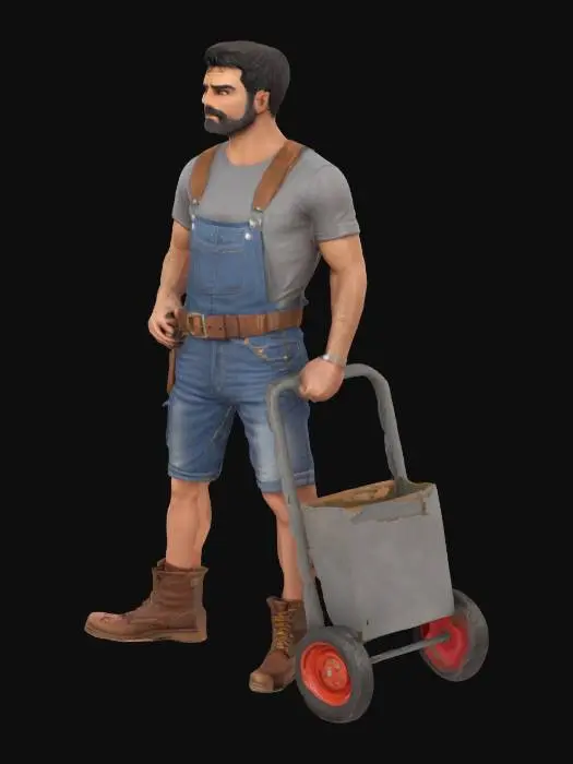 3D model for A realistic hirsute, dark haired male builder character with a robust, muscular physique, depicted in a confident, slightly relaxed posture. He wears durable, well-worn denim dungaree short shorts and sturdy leather boots. His upper body is covered by a fitted, short-sleeved cropped t-shirt that highlights his strong arms. The skin has a healthy, sun-kissed tone. The fabrics appear textured and slightly rumpled, conveying a tactile sense of practical workwear, while his facial features are rugged yet amiable. He is wearing a leather tool belt and pushing a modern hand cart with a large wooden or cardboard box.