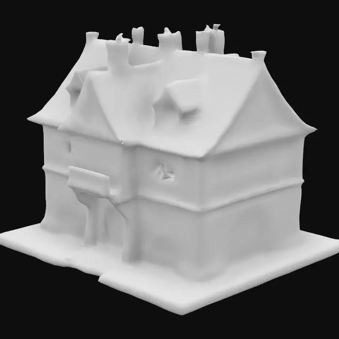 3D model for A fantasy Medieval Town Hall in a large city. Highly stylized. Ensure all walls and features are at least 1.5mm thick. Include bold, recessed features with a depth of at least 1mm. Maintain sharp, clean lines with no unnecessary fine or jagged edges. Design embossed features to rise at least 1mm above the surface. Recess etched details at least 1mm deep for clarity.