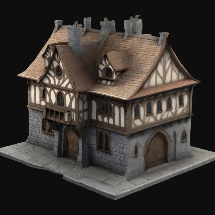3D model for A fantasy Medieval Town Hall in a large city. Highly stylized. Ensure all walls and features are at least 1.5mm thick. Include bold, recessed features with a depth of at least 1mm. Maintain sharp, clean lines with no unnecessary fine or jagged edges. Design embossed features to rise at least 1mm above the surface. Recess etched details at least 1mm deep for clarity.