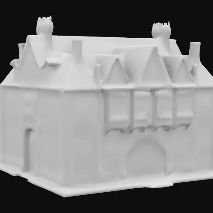 3D model for A fantasy Medieval Town Hall in a large city. Highly stylized. Ensure all walls and features are at least 1.5mm thick. Include bold, recessed features with a depth of at least 1mm. Maintain sharp, clean lines with no unnecessary fine or jagged edges. Design embossed features to rise at least 1mm above the surface. Recess etched details at least 1mm deep for clarity.