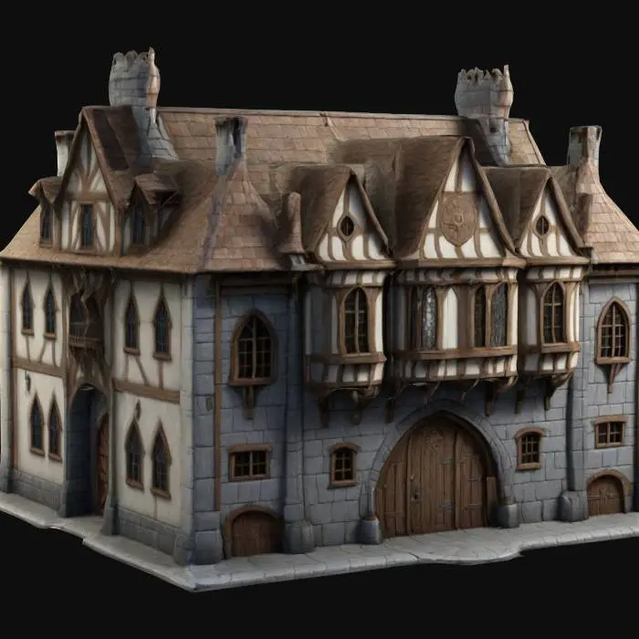3D model for A fantasy Medieval Town Hall in a large city. Highly stylized. Ensure all walls and features are at least 1.5mm thick. Include bold, recessed features with a depth of at least 1mm. Maintain sharp, clean lines with no unnecessary fine or jagged edges. Design embossed features to rise at least 1mm above the surface. Recess etched details at least 1mm deep for clarity.
