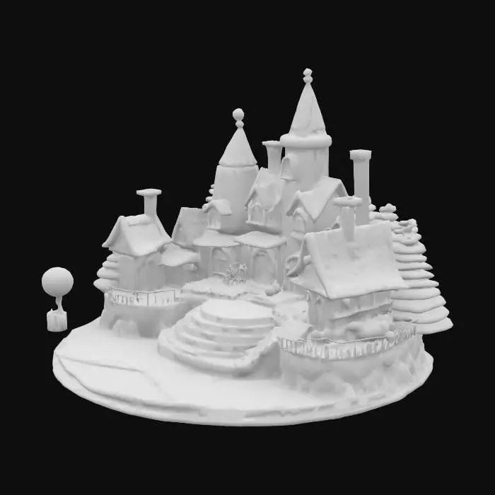 3D model for Stage and background of Munchkinland village from Wizard of Oz. The background houses should be squat and colourful, using bright candy pastel colours. The floor should be coloured with the start of the yellow brick road and the road should lead down some steps at the front of the stage. Dorothy's house should be off to one side, just visible at stage left.