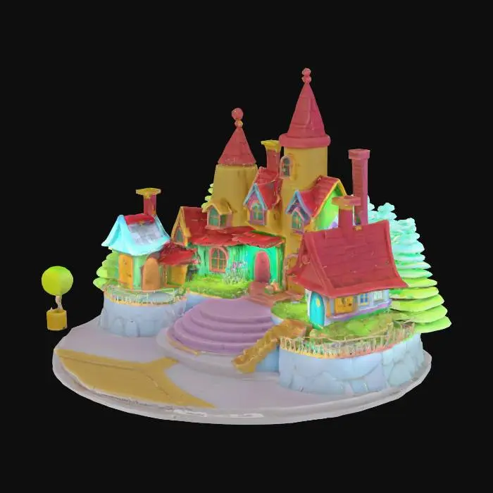 3D model for Stage and background of Munchkinland village from Wizard of Oz. The background houses should be squat and colourful, using bright candy pastel colours. The floor should be coloured with the start of the yellow brick road and the road should lead down some steps at the front of the stage. Dorothy's house should be off to one side, just visible at stage left.