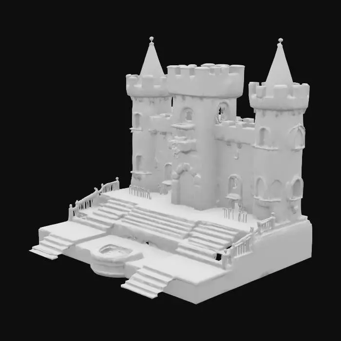 3D model for Stage and background of The Wicked Witch's Castle from Wizard of Oz. The background is the looming towers of the castle in dark, foreboding stone with a portcullis in the centre. The stage area is the castle square in a similar dark stone colour with steps leading off the front. Stage right has a small boarded up old fashioned well for water.