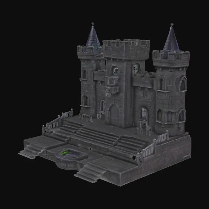 3D model for Stage and background of The Wicked Witch's Castle from Wizard of Oz. The background is the looming towers of the castle in dark, foreboding stone with a portcullis in the centre. The stage area is the castle square in a similar dark stone colour with steps leading off the front. Stage right has a small boarded up old fashioned well for water.