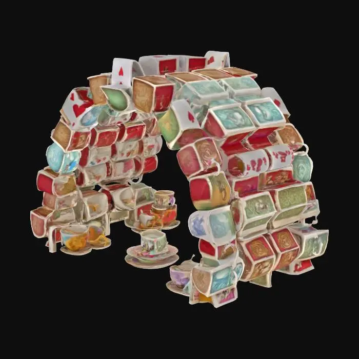 3D model for Alice in Wonderland inspired #arch# made from teacups and cards stacked and leaning against each other. 