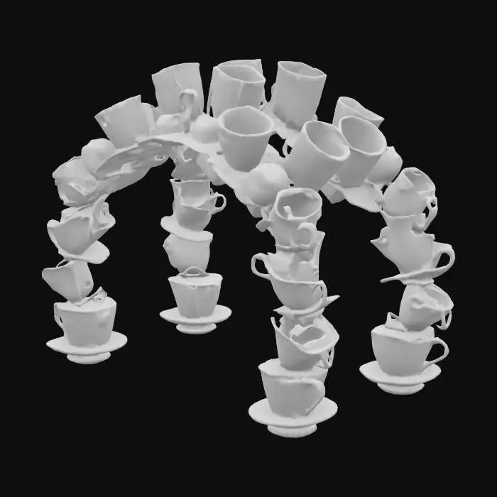 3D model for Alice in Wonderland inspired #arch# made from teacups and cards stacked and leaning against each other. 