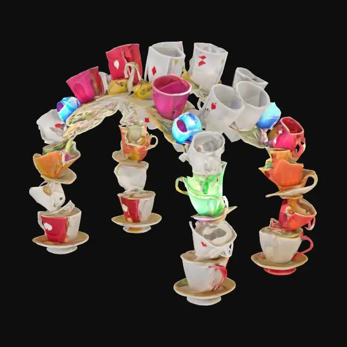 3D model for Alice in Wonderland inspired #arch# made from teacups and cards stacked and leaning against each other. 