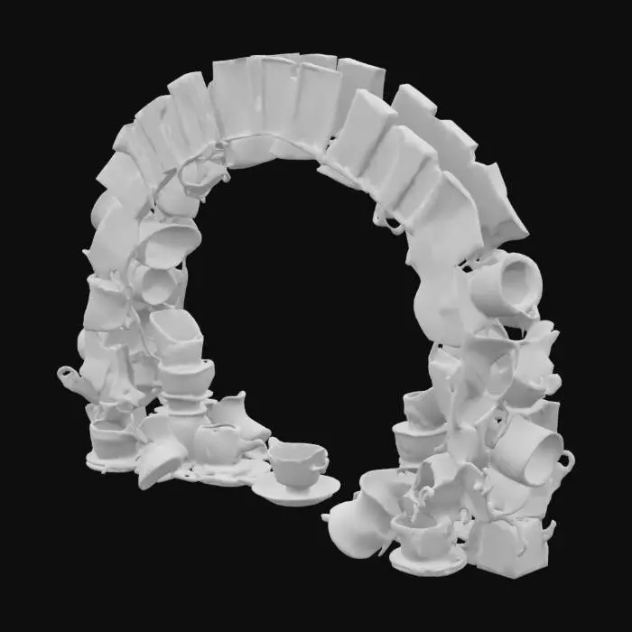 3D model for Alice in Wonderland inspired #arch# made from teacups and cards stacked and leaning against each other. 