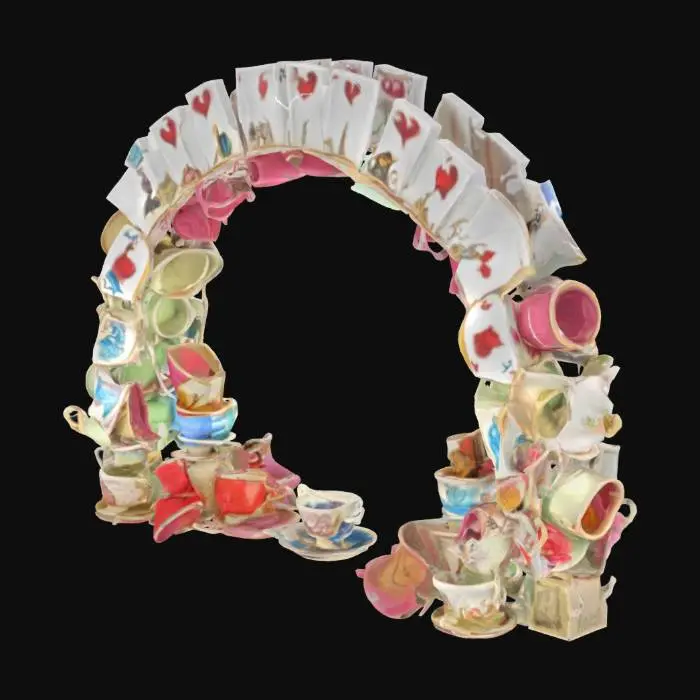 3D model for Alice in Wonderland inspired #arch# made from teacups and cards stacked and leaning against each other. 