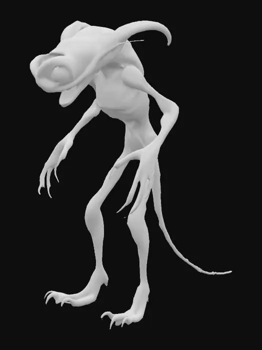 3D model for the scary objekt 
 HAS AN LONG SMILE WITH BIG OPEN EYES  and a nose wich is streched but dont thick , Ultra-realistisch,deformed ,some venes ,big claws and the foots are some like stings  unormal aura 