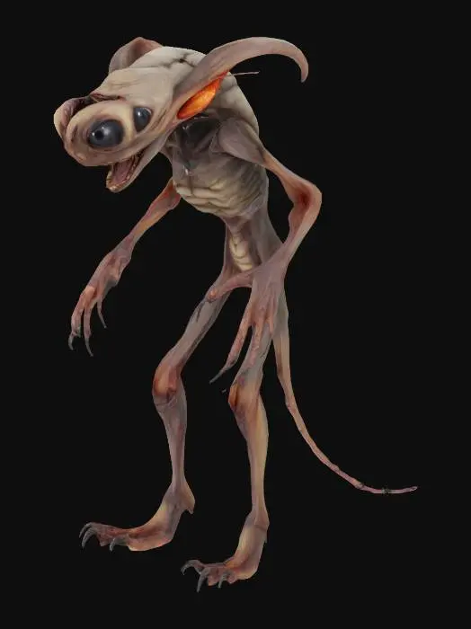 3D model for the scary objekt 
 HAS AN LONG SMILE WITH BIG OPEN EYES  and a nose wich is streched but dont thick , Ultra-realistisch,deformed ,some venes ,big claws and the foots are some like stings  unormal aura 