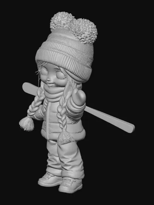 3D model for make a keychain of a little girl with long ringlet hair holding skis on her shoulder.  she should be wearing a toque with 2 giant fluffly pompoms.  she mist look like a ski racer.  make it kawaii looking