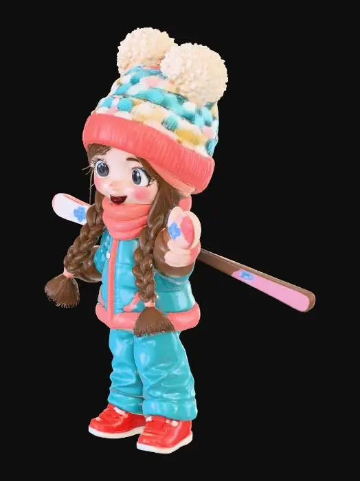 3D model for make a keychain of a little girl with long ringlet hair holding skis on her shoulder.  she should be wearing a toque with 2 giant fluffly pompoms.  she mist look like a ski racer.  make it kawaii looking
