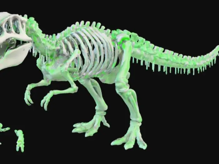 3D model for a well-detailed skeleton of a tyrannosaurus rex, is near a a a lapid in the cemetery the large skeleton is covered by green goo and ectoplasm, moreover in his mouth is carrying a zombie, #Halloween2025#