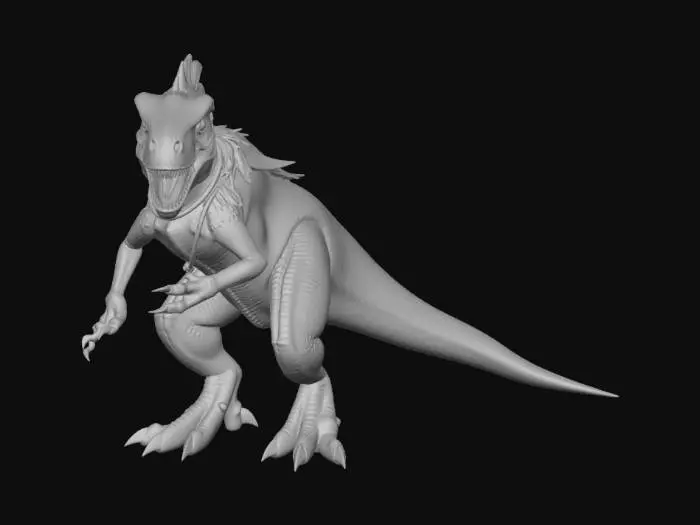 3D model for This 3D model presents the Velociraptor Fighter, a fast and agile combatant in a dinosaur fighting game collection. Built with a lean, athletic body and long powerful legs, it stands in a low, aggressive stance ready to strike. Its dark blue and charcoal scales feature lighter striping along the arms and tail, enhancing its sleek silhouette. The narrow head shows sharp teeth and bright yellow eyes focused with intensity. Long curved claws are emphasized as primary weapons, reinforced with light combat wraps around the forearms and shins. The tail is raised for perfect balance during rapid movement. PBR materials highlight scale texture, muscle definition, and motion-ready detail, creating a fighter inspired by the speed, precision, and flair of classic arcade fighting games.