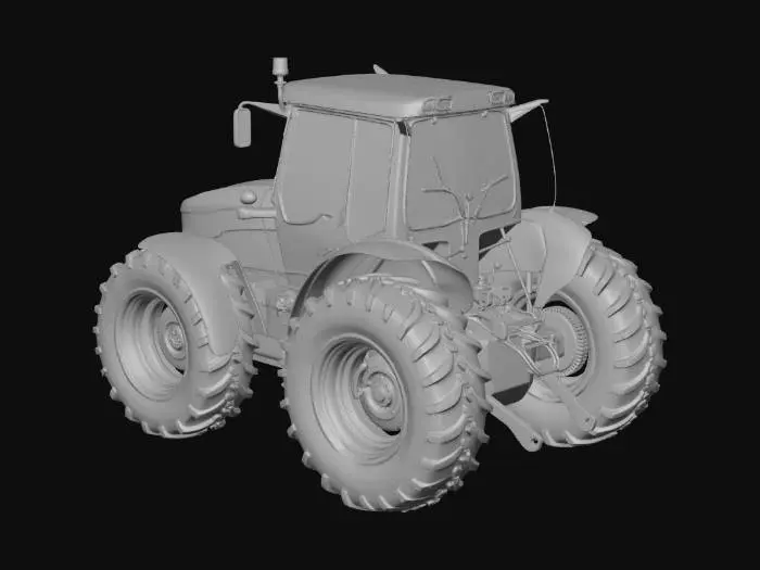 3D model for This 3D model showcases a sturdy farm tractor designed with realistic proportions and clean mechanical detail. The body is painted in bright harvest green with matte black accents along the engine housing and wheel guards. Large rear tires feature deep, rugged treads, while the smaller front tires allow precise steering on uneven terrain. The cabin has a clear windshield, simple control panel, and a dark seat with visible stitching. Metal components—exhaust pipe, hydraulic connectors, and axle joints—are rendered with subtle wear, giving the tractor a practical, hardworking look. The model balances realism and clean design, perfect for farm scenes, simulators, or educational 3D environments.