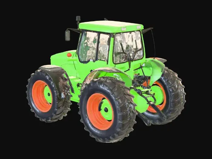 3D model for This 3D model showcases a sturdy farm tractor designed with realistic proportions and clean mechanical detail. The body is painted in bright harvest green with matte black accents along the engine housing and wheel guards. Large rear tires feature deep, rugged treads, while the smaller front tires allow precise steering on uneven terrain. The cabin has a clear windshield, simple control panel, and a dark seat with visible stitching. Metal components—exhaust pipe, hydraulic connectors, and axle joints—are rendered with subtle wear, giving the tractor a practical, hardworking look. The model balances realism and clean design, perfect for farm scenes, simulators, or educational 3D environments.