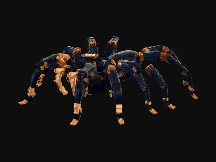 3D model for This 3D model features a massive steampunk tarantula, inspired by wild west fantasy machinery. Its body is built from dark iron plates, brass tubing, and polished copper joints. Eight long mechanical legs extend outward, each powered by pistons, gears, and steam vents that release small bursts of vapor as it moves. The abdomen houses a glowing pressure core, pulsing with orange light beneath protective metal ribs. The head has large gear-framed eyes, shining like heated glass, and mandibles shaped from sharpened brass components. Thin pipes, valves, and rotating cogs run along its frame, giving the spider a rugged industrial look. The design blends clockwork engineering with the imposing presence of a giant tarantula.