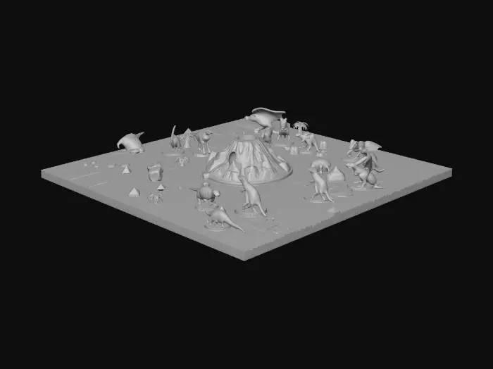 3D model for Jurassic Board Game Set**
Description (≤800 chars):
This 3D model represents a dinosaur-themed board game, designed to evoke a Jurassic-style adventure. The board features a lush green landscape with volcanoes, forests, rivers, and rocky paths, all sculpted in detailed relief. Each route connects through danger zones like tar pits, fallen logs, and raptor nests. The game pieces include small dinosaur figurines—T-Rex, Triceratops, Velociraptor, and Brachiosaurus—each colored vibrantly and placed on circular bases. The central volcano acts as the game’s event hub, glowing with subtle red light. Cards, tokens, and dice match the theme with fossil icons and cracked-stone textures. The set feels adventurous, dynamic, and perfect for a prehistoric tabletop journey.