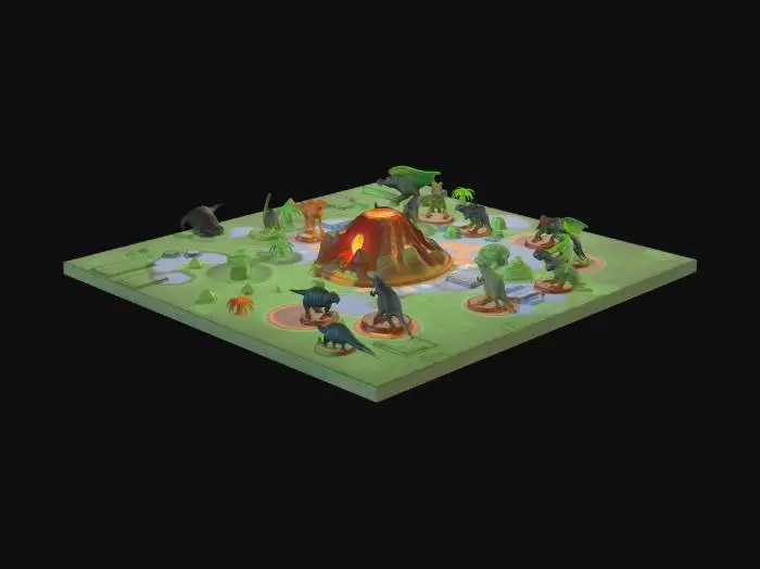 3D model for Jurassic Board Game Set**
Description (≤800 chars):
This 3D model represents a dinosaur-themed board game, designed to evoke a Jurassic-style adventure. The board features a lush green landscape with volcanoes, forests, rivers, and rocky paths, all sculpted in detailed relief. Each route connects through danger zones like tar pits, fallen logs, and raptor nests. The game pieces include small dinosaur figurines—T-Rex, Triceratops, Velociraptor, and Brachiosaurus—each colored vibrantly and placed on circular bases. The central volcano acts as the game’s event hub, glowing with subtle red light. Cards, tokens, and dice match the theme with fossil icons and cracked-stone textures. The set feels adventurous, dynamic, and perfect for a prehistoric tabletop journey.