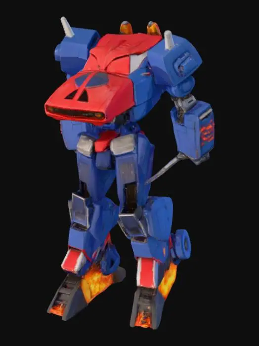 3D model for a very large mecha with the head of a red car, the mecha is blue with vinyl on its feet in the shape of flames, this mecha is a tall and large robot and its notable difference is the head which is an old mustang car