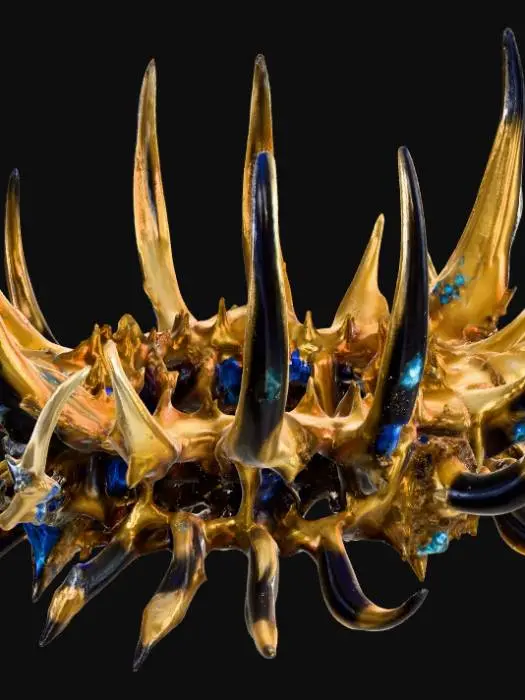 3D model for The Crown of the Abyss Queen

Crafted from the polished bones of abyssal creatures and spirals of blackened gold, this crown is adorned with shards of star-crystal that shimmer with their own light. Its prongs curve like the hooks of deep-sea predators, each tip glowing with an almost impossible shade of blue. Stare long enough, and constellations seem to form and fade within the gems, hinting at forgotten maps of the heavens.
