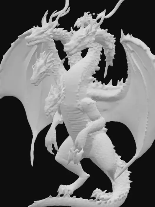 3D model for Tiamat
This 3D model portrays Tiamat, the five-headed dragon of legend. Its massive body is covered in dark crimson-red scales, thick and armored with a rugged texture that reflects power and menace. The creature’s enormous wings spread wide with membranous crimson skin, showing veins and battle scars. Its five serpentine necks curve outward, each ending in a distinct dragon head: red with blazing eyes and jagged horns; green with reptilian frills and venomous fangs; dark blue with icy glare and ridged crests; yellow with sharp golden horns and crackling intensity; and black with shadowy scales and glowing abyssal eyes. The long tail is barbed and armored, completing its terrifying silhouette. PBR materials emphasize scale detail, subtle reflections.
