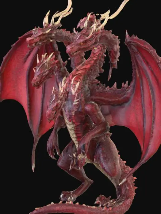 3D model for Tiamat
This 3D model portrays Tiamat, the five-headed dragon of legend. Its massive body is covered in dark crimson-red scales, thick and armored with a rugged texture that reflects power and menace. The creature’s enormous wings spread wide with membranous crimson skin, showing veins and battle scars. Its five serpentine necks curve outward, each ending in a distinct dragon head: red with blazing eyes and jagged horns; green with reptilian frills and venomous fangs; dark blue with icy glare and ridged crests; yellow with sharp golden horns and crackling intensity; and black with shadowy scales and glowing abyssal eyes. The long tail is barbed and armored, completing its terrifying silhouette. PBR materials emphasize scale detail, subtle reflections.
