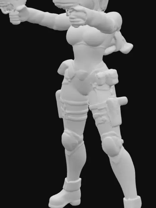 3D model for Regina 
This 3D model depicts Regina, the iconic red-haired heroine from Dino Crisis. She stands in a cautious pose, both hands gripping dual black pistols, her stance low and ready for sudden danger. Her vibrant shoulder-length crimson hair frames a sharp face with determined emerald-green eyes. She wears her signature tactical black combat suit, tight-fitting with armored padding on the chest, gloves, and boots, reflecting a mix of stealth and mobility. Subtle fabric textures, metallic buckles, and utility pouches add realism, while faint scratches and wear hint at harsh survival conditions. The pose conveys tension and alertness, as if she anticipates movement in the shadows. PBR materials highlight leather shine, metallic gun details, and natural skin tone for cinematic fidelity.