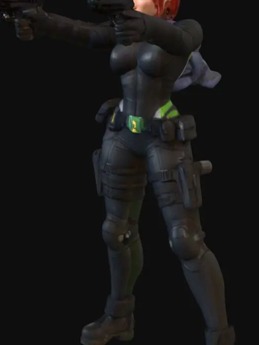 3D model for Regina 
This 3D model depicts Regina, the iconic red-haired heroine from Dino Crisis. She stands in a cautious pose, both hands gripping dual black pistols, her stance low and ready for sudden danger. Her vibrant shoulder-length crimson hair frames a sharp face with determined emerald-green eyes. She wears her signature tactical black combat suit, tight-fitting with armored padding on the chest, gloves, and boots, reflecting a mix of stealth and mobility. Subtle fabric textures, metallic buckles, and utility pouches add realism, while faint scratches and wear hint at harsh survival conditions. The pose conveys tension and alertness, as if she anticipates movement in the shadows. PBR materials highlight leather shine, metallic gun details, and natural skin tone for cinematic fidelity.