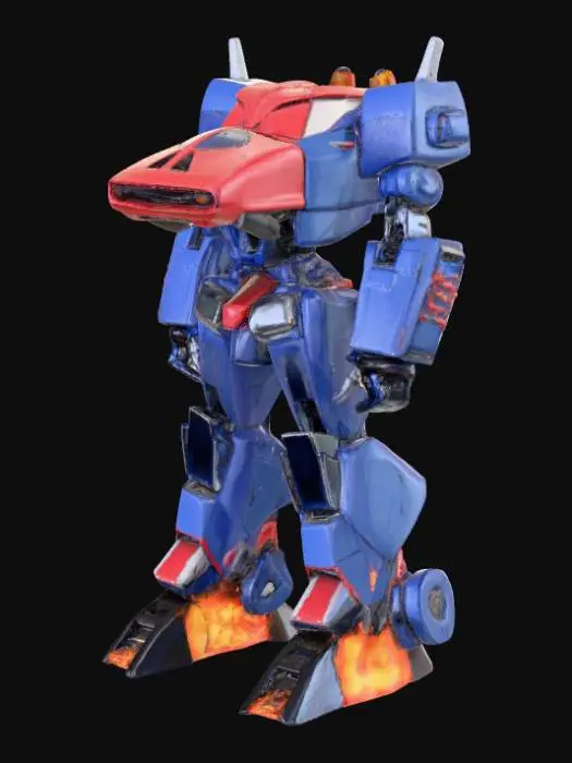 3D model for a very large mecha with the head of a red car, the mecha is blue with vinyl on its feet in the shape of flames, this mecha is a tall and large robot and its notable difference is the head which is an old mustang car