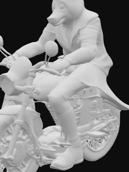 3D model for A wolf-like warrior speeds through a dense forest on a sleek motorbike, his leather coat flowing dramatically with the wind. The glowing headlights cut through the misty trees as sparks of magic linger in the air. His sharp gaze reflects strength and determination, blending the raw edge of a lone rider with the mystique of the wild. Designed in a style that fuses the epic atmosphere of Final Fantasy with the bold energy of Demon Slayer, this artwork embodies freedom, rebellion, and fantasy adventure.