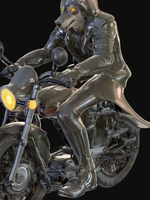 3D model for A wolf-like warrior speeds through a dense forest on a sleek motorbike, his leather coat flowing dramatically with the wind. The glowing headlights cut through the misty trees as sparks of magic linger in the air. His sharp gaze reflects strength and determination, blending the raw edge of a lone rider with the mystique of the wild. Designed in a style that fuses the epic atmosphere of Final Fantasy with the bold energy of Demon Slayer, this artwork embodies freedom, rebellion, and fantasy adventure.