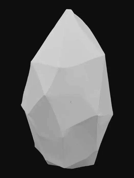 3D model for Uma pedra de quartzo cristalino, translúcida e multifacetada, com arestas nítidas e pontiagudas. Sua superfície é fria e vidrosa ao toque, refletindo a luz em diversas direções, quase como um prisma. A cor é um branco leitoso e translúcido, com inclusões finas e filamentosas de uma tonalidade cinza pálida que serpenteiam por seu interior. Sua forma é naturalmente angular e irregular, um aglomerado de pequenos cristais unidos.