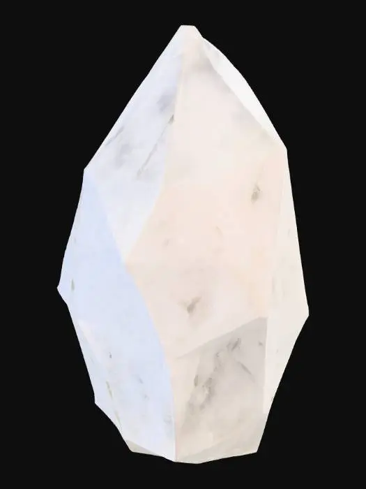 3D model for Uma pedra de quartzo cristalino, translúcida e multifacetada, com arestas nítidas e pontiagudas. Sua superfície é fria e vidrosa ao toque, refletindo a luz em diversas direções, quase como um prisma. A cor é um branco leitoso e translúcido, com inclusões finas e filamentosas de uma tonalidade cinza pálida que serpenteiam por seu interior. Sua forma é naturalmente angular e irregular, um aglomerado de pequenos cristais unidos.