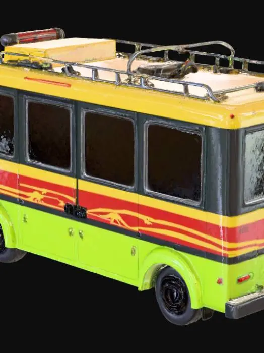 3D model for This 3D model recreates the Jurassic Park electric tour vehicle from the first film, designed to run on the automated track system. The car has a boxy, safari-style body with large windows and an open roof section, giving passengers wide visibility of the park. Its paint scheme features the iconic bright green base, yellow roof gradient, and bold red stripes, with the classic Jurassic Park logo on the doors. The vehicle rides on rugged all-terrain black tires with silver rims, though adapted to the rail system. Details include roof-mounted lights, side mirrors, reinforced bumpers, and interior seats with safety bars. PBR textures emphasize glossy paint, metallic parts, rubber tires, and realistic glass reflections, capturing its cinematic look.