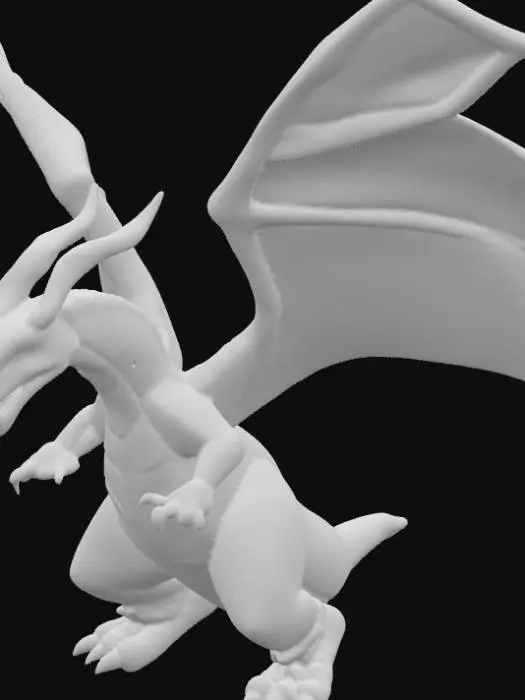 3D model for This 3D model depicts Charizard, the iconic Fire/Flying Pokémon. Standing tall and dragon-like, it has a muscular orange body with smooth reptilian scales and a pale cream underbelly extending from chest to tail tip. Its large wings are bat-like, with dark turquoise membranes contrasting against the orange frame. The long tail ends with a bright flaming tip, animated with dynamic fire effects. Charizard’s head is angular, with sharp horns, a strong jaw, and intense blue eyes radiating determination. Powerful clawed arms and sturdy legs give it a fierce, battle-ready stance. The model combines stylized fantasy with realism, using PBR to highlight scale texture, leathery wings, glowing firelight, and subtle reflections, creating a cinematic, lifelike presence while staying faithful.