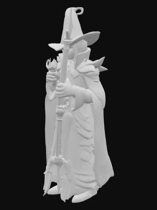 3D model for This 3D model recreates the legendary Dark Magician from Yu-Gi-Oh!, combining stylized fantasy with cinematic realism. He stands tall in his iconic deep violet armor-like robes, layered with sharp angular patterns and glowing magenta accents that trace the edges. His tall, spiraled pointed hat extends dramatically, matching the sleek curves of his outfit. The magician’s face is pale and stern, with sharp features and piercing blue eyes, partly shadowed by the hat. In his hand, he wields the dark green magical staff, crowned with a spiral head that glows faintly with arcane energy. Metallic textures enhance the armor’s shine, while cloth segments show subtle fabric detail. PBR effects add magical glows, polished surfaces, and realistic shading, bringing the card’s iconic sorcerer to life.