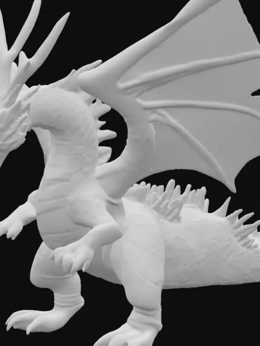 3D model for This 3D model represents the iconic Blue-Eyes White Dragon from Yu-Gi-Oh!. Its towering body is covered in sleek, metallic-white scales with a pearlescent sheen that shifts under light, giving it both elegance and menace. The long neck supports a fierce draconic head with a wide jaw full of sharp ivory fangs and glowing bright blue eyes that radiate power. Massive wings extend outward, layered with blade-like segments and translucent membranes that shimmer faintly. Muscular arms end in razor claws, while strong legs and a spiked tail emphasize its destructive force. The design balances fantasy and realism, with PBR materials highlighting polished scales, subtle reflections, and glowing energy within the eyes and mouth, making it appear ready to unleash its legendary blast.