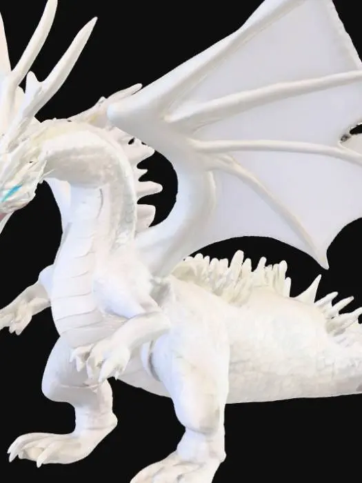 3D model for This 3D model represents the iconic Blue-Eyes White Dragon from Yu-Gi-Oh!. Its towering body is covered in sleek, metallic-white scales with a pearlescent sheen that shifts under light, giving it both elegance and menace. The long neck supports a fierce draconic head with a wide jaw full of sharp ivory fangs and glowing bright blue eyes that radiate power. Massive wings extend outward, layered with blade-like segments and translucent membranes that shimmer faintly. Muscular arms end in razor claws, while strong legs and a spiked tail emphasize its destructive force. The design balances fantasy and realism, with PBR materials highlighting polished scales, subtle reflections, and glowing energy within the eyes and mouth, making it appear ready to unleash its legendary blast.