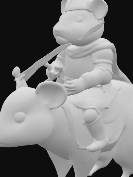 3D model for This 3D model shows a heroic guinea pig knight riding proudly atop a capybara steed. The guinea pig wears a shining silver armor, fitted to his small body with detailed chestplate, gauntlets, and greaves, polished yet marked with light scratches from battle. A tiny blue cape flows behind him, and a narrow helmet with visor leaves space for his bright eyes and whiskers. In one paw he wields a miniature steel sword, the other holding a round decorated shield with a golden crest. The capybara beneath him is sturdy and calm, with realistic sandy-brown fur and a leather saddle adapted for the knight. PBR textures enhance metallic reflections, soft fur, worn leather, and flowing fabric, making the duo both whimsical and majestic.