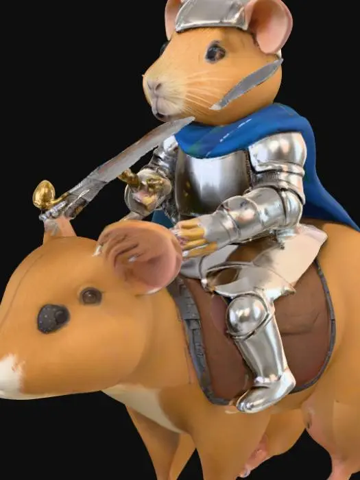 3D model for This 3D model shows a heroic guinea pig knight riding proudly atop a capybara steed. The guinea pig wears a shining silver armor, fitted to his small body with detailed chestplate, gauntlets, and greaves, polished yet marked with light scratches from battle. A tiny blue cape flows behind him, and a narrow helmet with visor leaves space for his bright eyes and whiskers. In one paw he wields a miniature steel sword, the other holding a round decorated shield with a golden crest. The capybara beneath him is sturdy and calm, with realistic sandy-brown fur and a leather saddle adapted for the knight. PBR textures enhance metallic reflections, soft fur, worn leather, and flowing fabric, making the duo both whimsical and majestic.