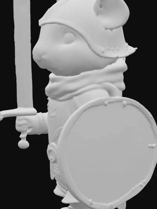 3D model for This 3D model depicts a guinea pig knight, small yet noble, clad in a full set of miniature medieval armor. The armor shines in polished silver steel, with finely engraved details along the chestplate, pauldrons, and gauntlets. A narrow helmet with visor frames his round face, leaving space for soft whiskers and bright determined eyes. Over his back flows a short royal blue cape, adding heroic flair. In one paw he wields a tiny but ornate longsword, its blade reflecting light, while the other grips a small round shield marked with a golden crest. His natural fur—brown and white patches—peeks through the armor joints for realism. PBR textures highlight polished metal, subtle scratches, fabric folds, and soft fur details, blending charm with epic fantasy.