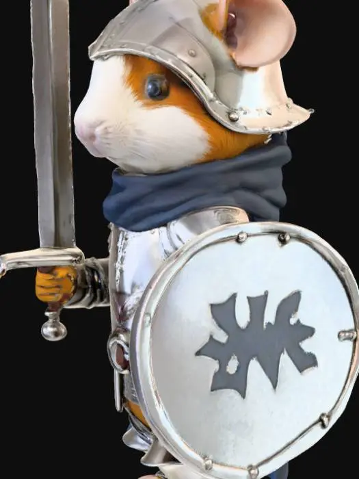 3D model for This 3D model depicts a guinea pig knight, small yet noble, clad in a full set of miniature medieval armor. The armor shines in polished silver steel, with finely engraved details along the chestplate, pauldrons, and gauntlets. A narrow helmet with visor frames his round face, leaving space for soft whiskers and bright determined eyes. Over his back flows a short royal blue cape, adding heroic flair. In one paw he wields a tiny but ornate longsword, its blade reflecting light, while the other grips a small round shield marked with a golden crest. His natural fur—brown and white patches—peeks through the armor joints for realism. PBR textures highlight polished metal, subtle scratches, fabric folds, and soft fur details, blending charm with epic fantasy.