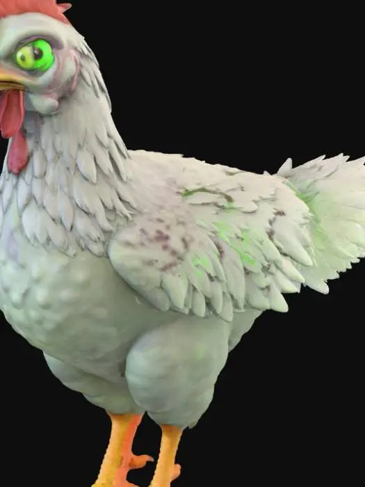 3D model for A creepy zombie chicken wanders through a misty farm at dusk, its feathers pale and uneven, with patches of gray skin giving it an eerie, lifeless look. The bird’s eyes glow faintly green, and its movements are slow and twitchy, as if animated by mysterious magic. Faint cracks and moss cover parts of its body, suggesting it has risen from long slumber. Around it, the fog drifts softly and the moonlight highlights its ghostly form, creating a spooky yet cartoon-friendly atmosphere perfect for Halloween or fantasy settings., #Halloween2025#