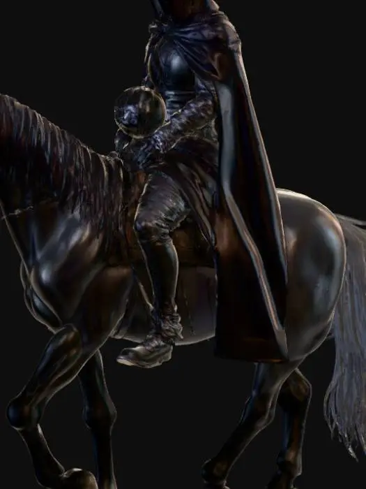 3D model for The Headless Horseman rides through a fog-covered forest on his powerful black stallion, cloaked in dark leather armor that glimmers faintly under the moonlight. His headless shoulders are hidden beneath a tattered cape that flows dramatically in the wind. In one hand, he holds a glowing pumpkin lantern, its carved face flickering with eerie orange light. The horse’s breath steams in the cold night air as fallen leaves swirl around them. The scene captures a perfect blend of mystery and gothic fantasy, with cinematic lighting and autumn tones ideal for Halloween or dark folklore settings., #Halloween2025#