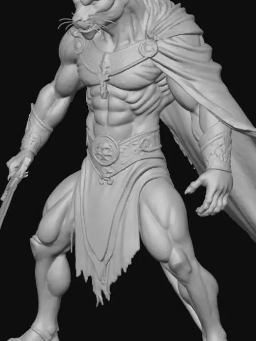 3D model for A fierce black panther warrior stands poised in an attack stance, his muscular body covered in sleek, midnight fur that shimmers under dim light. He wears ancient tribal armor made of bronze and leather, decorated with mystic symbols glowing faintly blue. In one hand, he grips a curved sword with a silver blade and glowing runes along its edge; his other clawed hand is ready to strike. His eyes burn with golden intensity, and a faint mist swirls around his feet as he prepares to leap. The scene captures a blend of raw animal power and noble warrior spirit, perfect for fantasy or action settings.