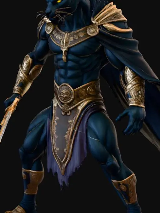 3D model for A fierce black panther warrior stands poised in an attack stance, his muscular body covered in sleek, midnight fur that shimmers under dim light. He wears ancient tribal armor made of bronze and leather, decorated with mystic symbols glowing faintly blue. In one hand, he grips a curved sword with a silver blade and glowing runes along its edge; his other clawed hand is ready to strike. His eyes burn with golden intensity, and a faint mist swirls around his feet as he prepares to leap. The scene captures a blend of raw animal power and noble warrior spirit, perfect for fantasy or action settings.